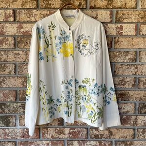 Drapers & Damons 100% Silk Jacket Size XL Embroidered Birds Blue Yellow Beauty!